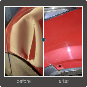Transforming dents into flawless surfaces — see the difference! Car fender dent before and after paintless dent removal in New York City