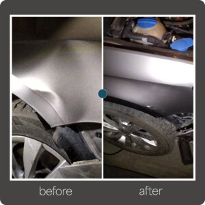 From heavily damaged to flawless — expert front fender restoration. Front fender with major damage before and after paintless dent removal in New York City