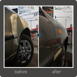 Transforming a heavily damaged fender into a flawless surface. Severely dented car fender before and after paintless dent removal in Brooklyn, New York