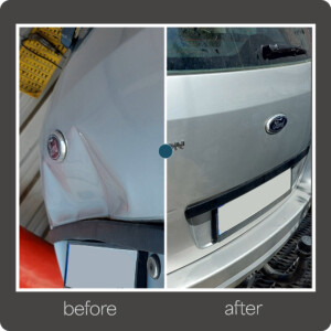 From completely damaged to flawless — expert trunk lid restoration. Trunk lid with severe damage before and after paintless dent removal in New York City