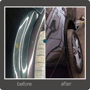 Restoring rear fender dents above the wheel arch to perfect condition. Rear fender dent above wheel arch before and after paintless dent removal in Brooklyn, New York