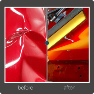 Expertly restoring deep dents with creases to a flawless finish Deep dent with creases before and after paintless dent removal in New York City