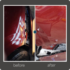 Precision repair of fender, wheel arch, and edge damage for flawless results. Fender dent with wheel arch and edge damage before and after paintless dent removal in Brooklyn, New York