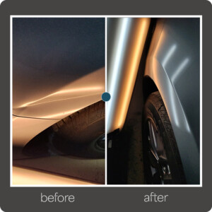 Removing sharp dents with precision for a flawless fender finish. Sharp dent on car fender before and after paintless dent removal in New York City