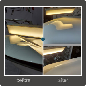 Precision repair of a door edge dent — flawless results Door edge dent before and after paintless dent removal in New York City