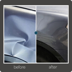 Expertly removing dents with creases for a smooth, flawless finish. Front fender dent with creases before and after paintless dent removal in Brooklyn, New York