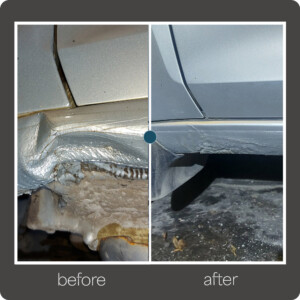 Transforming major dents on car sills with expert PDR. Large sill dent before and after paintless dent removal in New York City