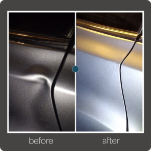 Precision repair of door edge dents for flawless results Door edge dent with damage before and after paintless dent removal in Brooklyn, New York